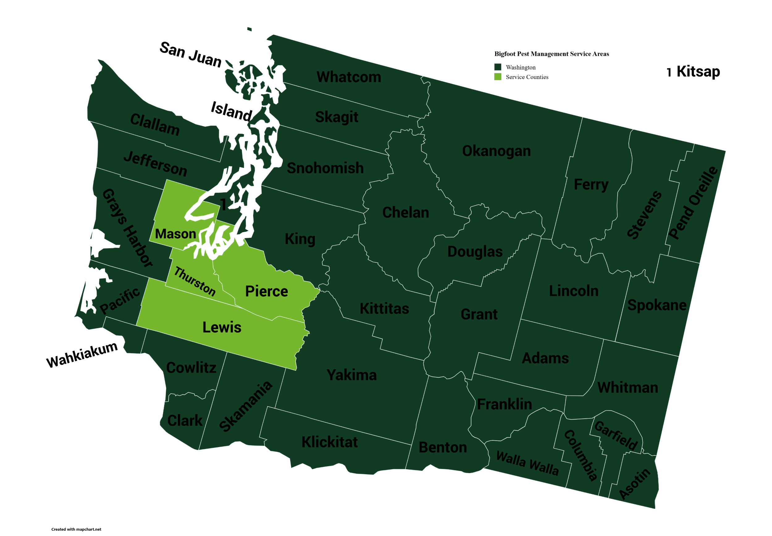 A map of Washington state highlighting the service areas for Bigfoot Pest Management in light green, which include Mason, Thurston, Pierce, and Lewis counties.