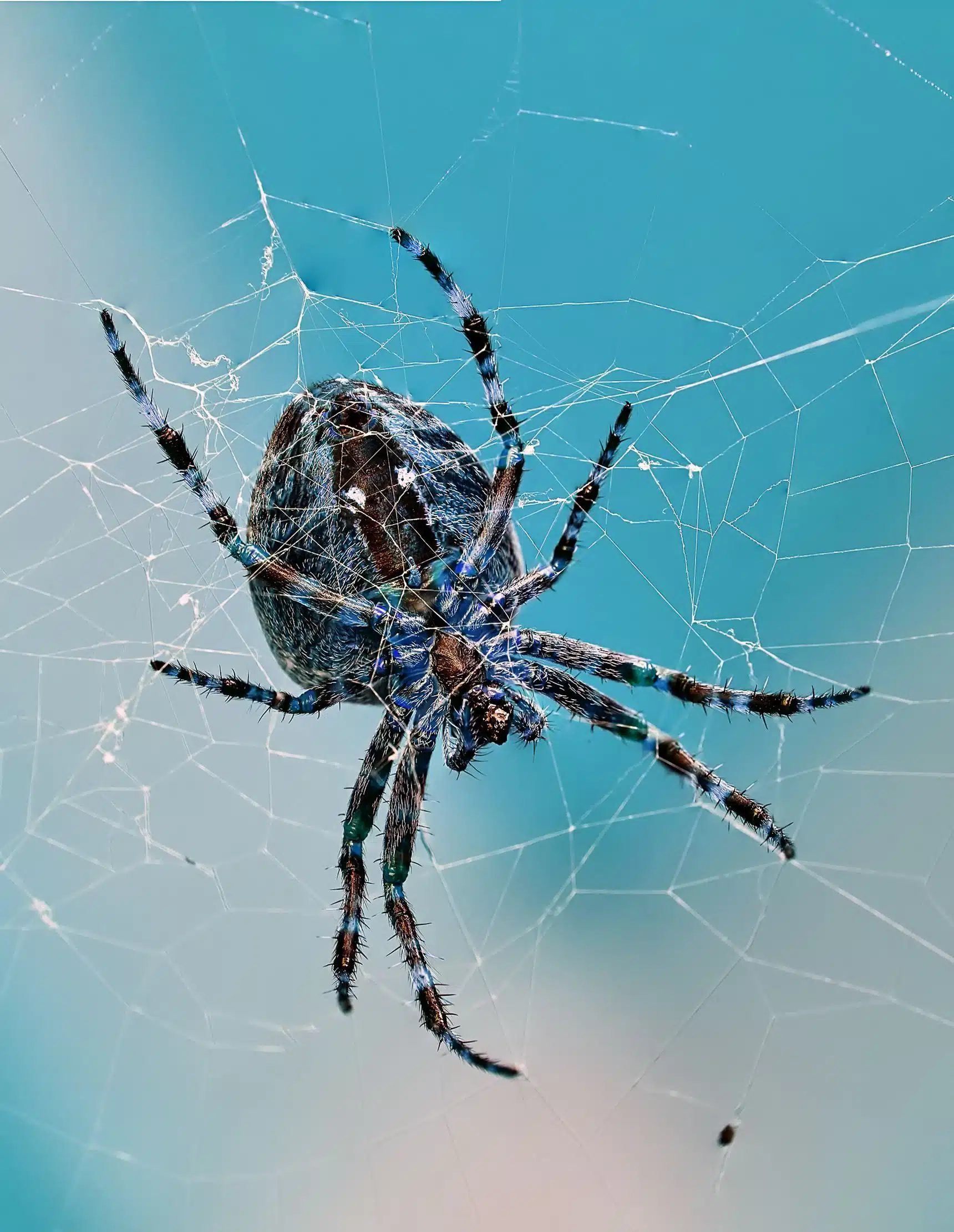 extreme-close-up-of-a-spider-in-web Captures a detailed view of a large, spiky-legged spider with striking blue and black markings resting in the center of its intricate web against a soft blue background.