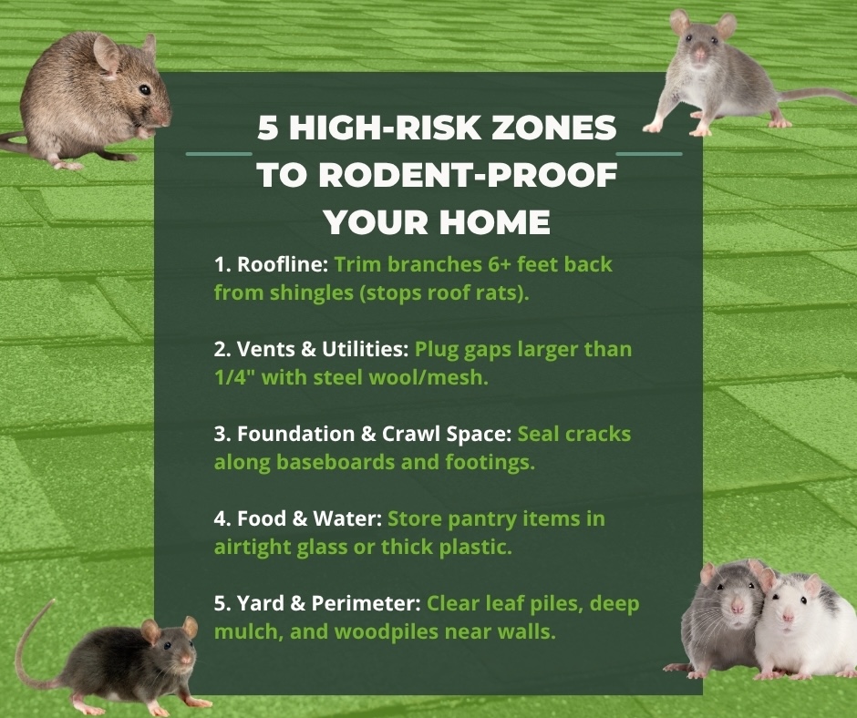 An infographic titled "5 High-Risk Zones to Rodent-Proof Your Home" listing actionable tips for securing rooflines, vents, foundations, food supplies, and yard perimeters.