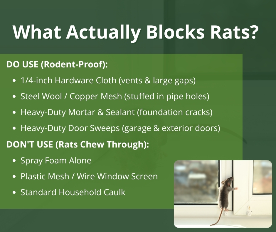What Actually Blocks Rats (1) An infographic titled "What Actually Blocks Rats?" comparing effective rodent-proofing materials like hardware cloth and steel wool against ineffective options like spray foam and standard caulk.