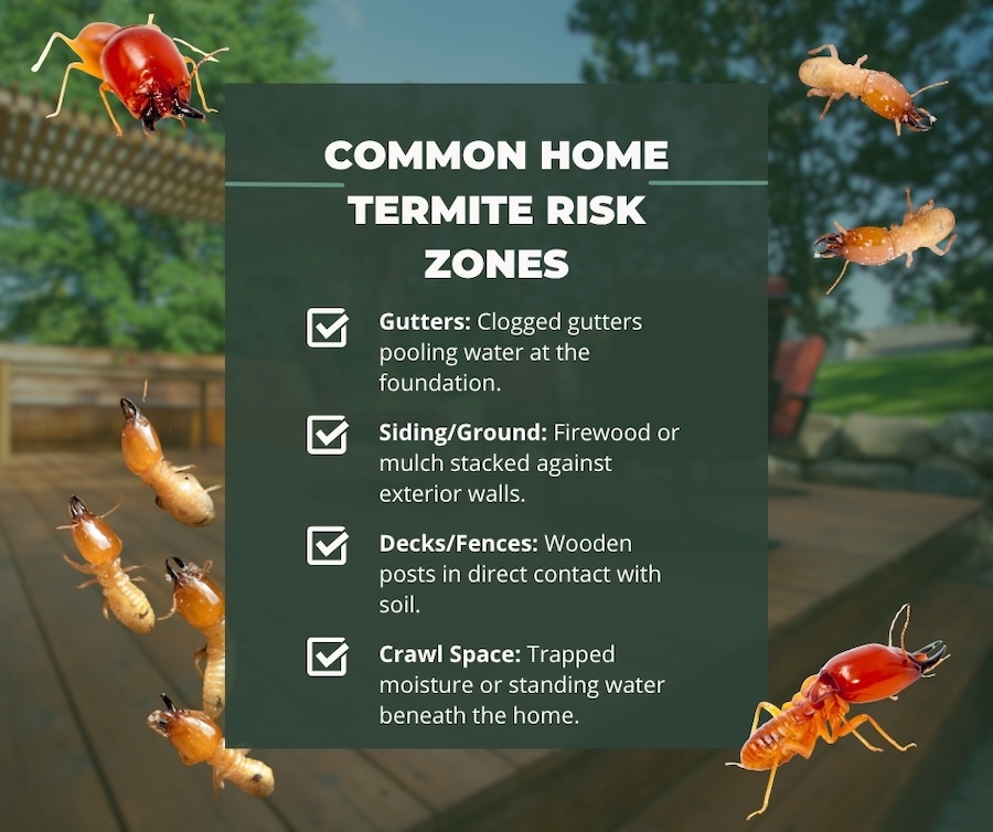 An infographic titled 'COMMON HOME TERMITE RISK ZONES' lists risk areas including clogged gutters, siding stacked with firewood, wooden posts in soil, and damp crawl spaces, with several termite images scattered around.