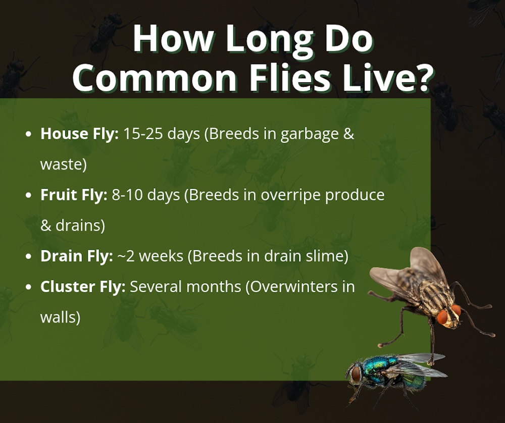 How Long Do Common Flies Live An infographic outlining how long do flies live by comparing the lifespans and breeding sites of house flies, fruit flies, drain flies, and cluster flies.